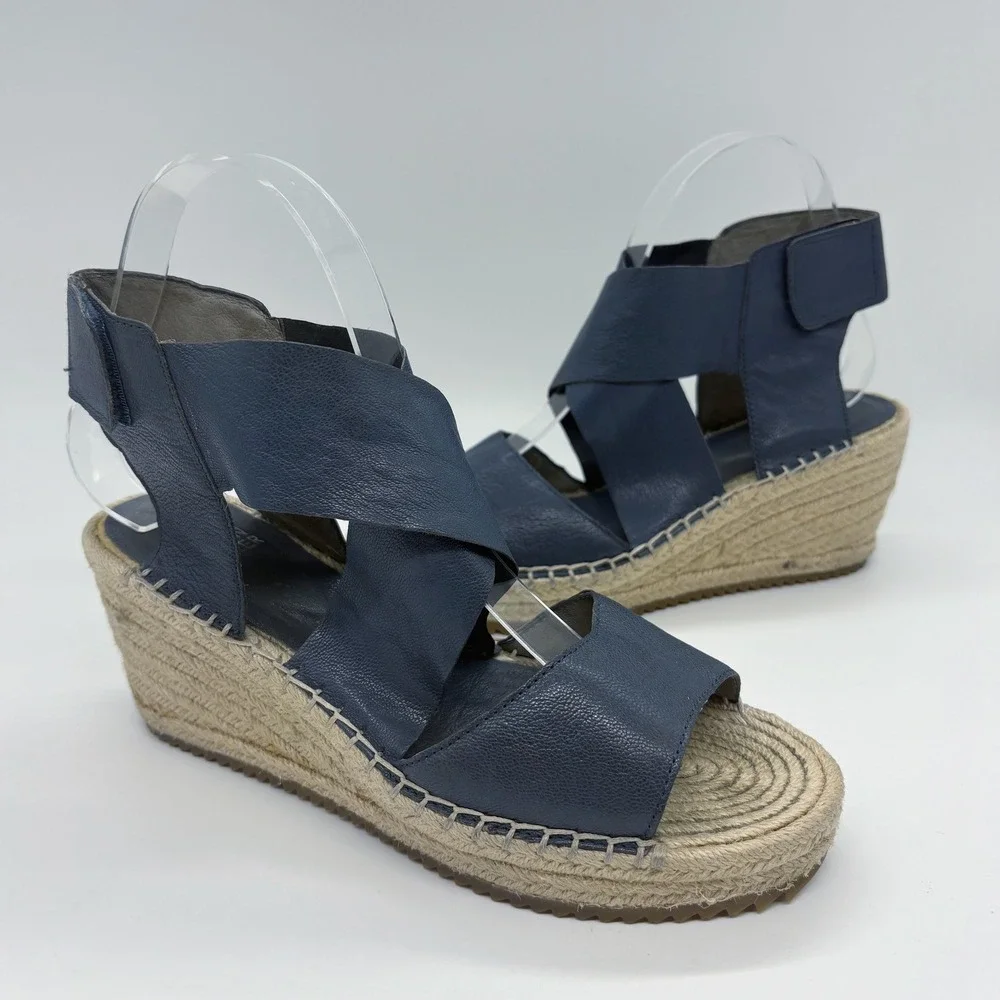 Eileen Fisher Willow Espadrille Wedge‎ Sandals Size 7.5 Blue Leather Strappy
